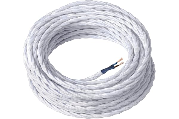 Amarcords - Elektrisk textilkabel i färg VIT, flätad, siden, 10 meter, med 2 ledare 2x0,75 - Tråd täckt med i färgat vintagetyg för lampor, taklampor, vägglampor och abat jour-lampor.