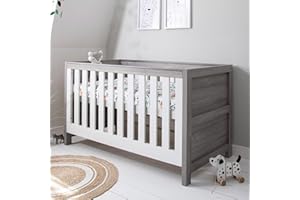 Tutti Bambini Modena Baby Cot Bed - 3-in-1 Wooden Baby Cot/Crib, Toddler & Day Bed with Teething Rails & Adjustable Base, from Birth to 6 Years, Grey Ash & White (140 x 70 cm)