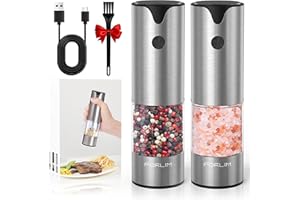 FORLIM Electric Salt and Pepper Grinder Set, USB Rechargeable, Automatic Salt Pepper Mill Grinder with Dust Cover, One-Button Control, Adjustable Coarseness, with LED Light, 2 Pack(Black+White)