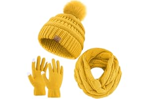 URATOT Winter Warme Stricksets Beanie Pompon Mütze Schals Winter Touchscreen Handschuhe Schal Set für Männer Frauen