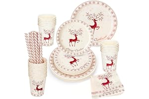 LATERN 125 Pezzi Stoviglie di Carta per Feste Natalizie, 25 x 9 Pollici Piatti Piani, 25 x 7 Pollici Piatti da Insalata, 25 x Tazze, 25 x Tovaglioli, 25 x Carta Cannucce - per Natale Feste Decorazioni