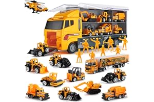 SWUNXION 19 en 1 Lot de Camion de Construction Jouet de Véhicules de Chantier Ensembles Ouvriers Tracteur Bétonnière Bulldozer Truck Excavatrice Cadeau pour Enfant Garçon Fille Anniversaire Noël Fête