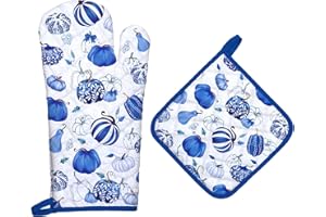 Arquiel Guante De Horno Agarraderas Calabaza Azul de Otoño 2PCS, Algodón Guante De Cocina Resistente Al Calo Grueso Seguro para Cocinar, Hacer Barbacoas Microondas Y para La Chimenea Regalo