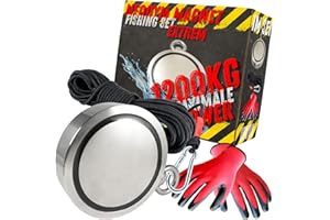 MAGNET-KAUF Kit de pêche magnétique en néodyme - Force de traction 1200 kg - Aimants de montagne - Avec corde de 20 m - Gants imperméables pour la pêche à l’aimant - 136 mm