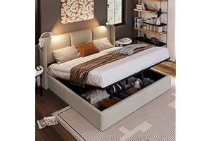 ZYLOYAL10 Łóżko tapicerowane, podwójne, schowek, lampka do czytania z funkcją ładowania USB, zagłówek, łóżko do przechowywania, łóżko młodzieżowe ze stelażem (bez materaca) (140 x 200 cm, beżowe +