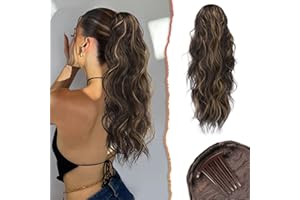 Sofeiyan Extension Queue de Cheval, Postiche Peigne Clip Cheveux avec Cordon 60cm Longue Bouclés Ondulée Queue de Cheval Synthétique Postiches Cheveux pour Femmes - Brun Foncé Mélangé Golden Auburn