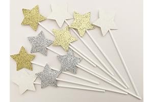 AILEXI 10 pezzi Toppers Decorati A Mano Con Decorazione Glitter Per Torta Cuptorta E Gelato - Stelle Oro e Bianco e Argento