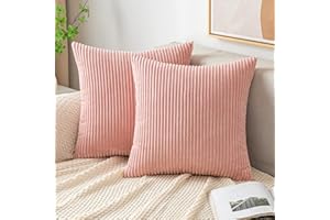 EMEMA Cushion Covers Corduroy Square Throw Pillow Covers Striped Soft Sham Home for Sofa Couch Bedroom Decorative Pillowcases 18x18 Inch 45x45cm Set of 2 Pink