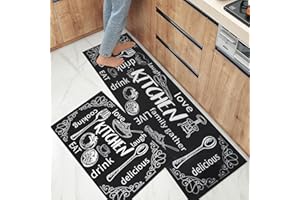 BWBIKE Küchenteppich-Sets, 2-teilig, rutschfeste Küchenmatten, waschbare Fußmatten für Küche, Esszimmer, Boden, Zuhause, Büro, Spüle, Wäsche, 40 x 60 cm + 40 x 120 cm, Schwarz Weiß Gitter