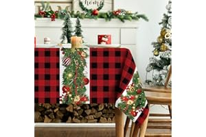 FRIGG Tovaglia Natalizia Rossa 6 Posti 180x140cm, Poliestere Natale Tovaglia Antimacchia, Sottopiatti Natalizi Stampata Con Plaid e Rami Di Pino, Decorazioni Natalizie Per La Casa Centro Tavola Natalizio