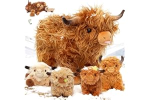 OUOZZZ 5 Stück Hochlandrind Kuh Kuscheltier Set, Weich Hochlandrind Plüschtier mit 4 Baby Stofftiere im Bauch - Baby Geburtstagsgeschenk für Mädchen Jungen Kinder
