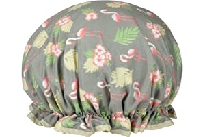 MELTU 1 Pack Shower Cap for Women, Oil-proof Caps, Double Layers Waterproof Reusable Bath Caps With Ruffled Edge Covering for Girls, Women, Ladies, Kids (Grey Flamingo)