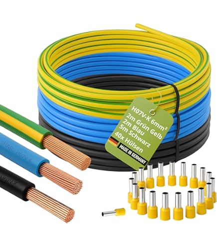 H07V-K 6 mm² bedradingsleiding 5 x 10 m, enkele kabel zwart, blauw, bruin, grijs, groen-geel met 60 adereindhulzen en spanningstester