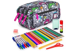 ColePack Design - Lote de Estuche Portatodo Triple con 3 Cremalleras y Material Escolar de Primeras Marcas Incluido (Yuku)