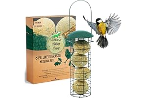 Mice&Co Mangiatoia per Uccelli da Esterno con Palle di Grasso – Casetta per Uccellini Giardino con Sfere di Lardo I Pack 1 Mangiatoia per Volatili e 12 Palline di Cibo