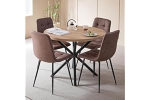 DEYARNA HOME Essgruppe 5-Teilig, 100cm Runder Esstisch und 4 Kunstleder Esszimmerstühle, Tisch und 4 Stühle für Küche, Wohnzimmer, Balkon, Restaurant, Büro (Helle Holzfarbe+Dunkelbraun)