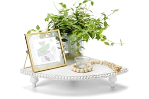 AMYHILL Wood Corner Counter Shelf Wash Rustic Pedestal Stand Kitchen Counter Decor Bathroom Corner Shelf Riser Beaded Corner Farmhouse Tray with Detachable Legs Corner Bathroom Organizer for Display (White)