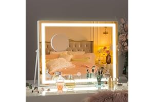 Hasipu Vanity Mirror with Lights, 35 x 27cm LED Makeup Mirror, 3 Modes Light,Smart Touch Control Dimmable, 360°Rotation, Modern Square White Frame, with 5X magnifying glass