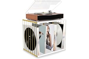 Emfogoo Vinyl Record Storage, Metal & Wooden Vinyl Record Holder Up to 80 LP Albums, 3-Compartment Record Player Stand for Magazine, Book, Files, Albums (White)