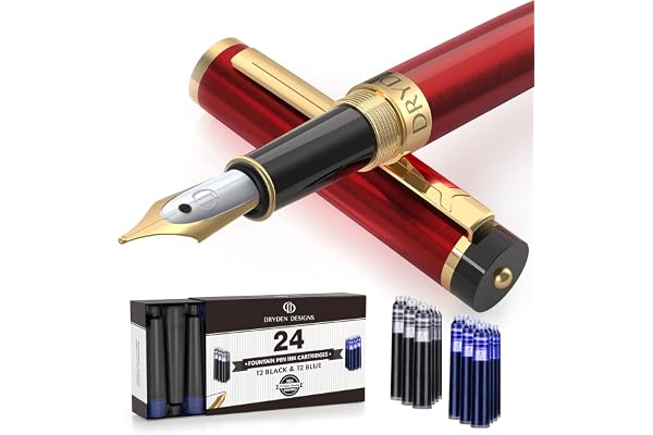 Dryden Designs Stylo plume de calligraphie à pointe moyenne | 12 noirs et 12 bleus avec convertisseur de recharge d'encre | Pas de fuite, débit fluide, écriture constante | Gaucher et droitier | Rouge