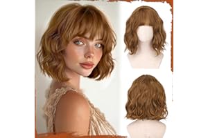 Sofeiyan Peluca Bob Castaño Rojizo para Mujer, 30 cm Peluca Corta Ondulada con Flequillo Sintética Resistente al Calor Estilo Natural para Diario y Fiesta