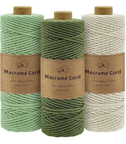 Kit Macrame CoKeeSun 3 Rotoli Corda In Cotone 2mm X 60m Con Accessori: Anelli, Bastoncini, Perline E Portachiavi (Beige, Verde, Grigio) - 2