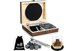 ProChosen Whisky Steine Set, 9 Eiswürfel wiederverwendbar aus Basalt mit Samtbeutel, hochwertiger Holzbox und Edelstahl Zange und 2 Untersetzer für Whiskey, Wodka, Gin & Mehr(Schwarz)