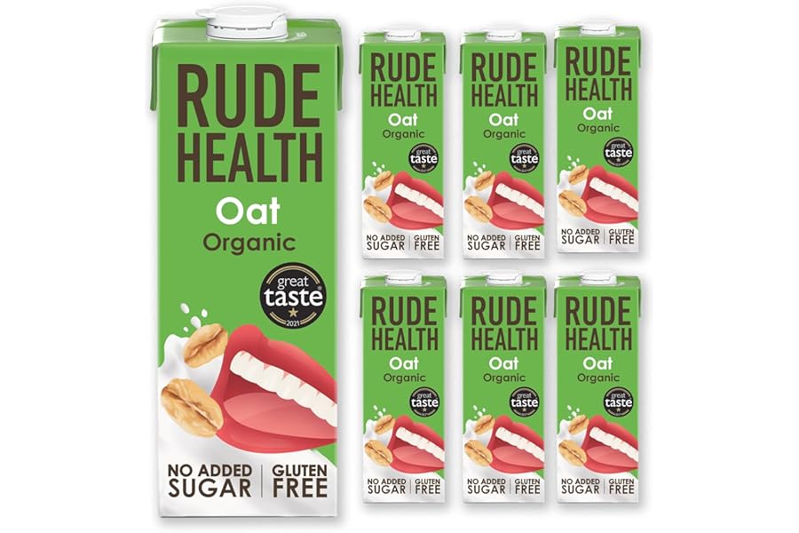 Rude Health 6 x 1 Litre Organic Oat Dairy-Alt Milk, 100% Natural Organic Drink, Lactose Free, Dairy Free & Gluten-Free, No Added Sugar, Award-Winning, Healthy & Vegan, 100% Recyclable Packaging