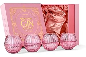 GLASSIQUE CADEAU Copas de Cóctel Art Déco Rosas con Globo et Borde Dorado para Gin Tonic | Juego de 4 | 400 ml | Vasos de Cristal sin Tallo para Cócteles de Ginebra | Cristalería de Burbujas Acanalados