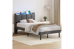 ‎AOGLLATI AOGLLATI Polsterbett 90 x 200 cm, Bettrahmen mit LED-Beleuchtung und Ladestation, Bettgestell mit Lattenrost, Jugendbett mit Kopfteil aus Leinenstoff, Dunkelgrau (90x200 cm)