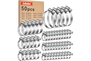 50Pcs 8-50mm Hose Clips Set, Jeboler Small Hose Clamp Adjustable Worm Drive Hose Pipe Clamps, Stainless Steel Pipe Clip Tube Hose Assortment Tube Joining Clips for Pool Fuel Line and Garden - 7 Size