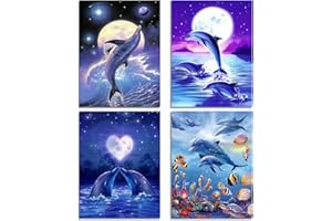 Muzagroo Art Juego de 4 pinturas de diamantes para adultos, arte de diamantes 5D con diamantes redondos de perforación completa para principiantes, delfines, arte de pared de diamantes para sala de