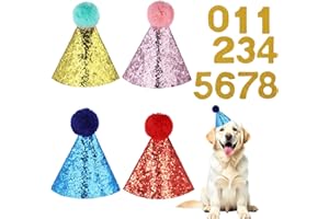 Lnngub 4 Stück Hund Geburtstag Hut mit 0-9 Zahlenaufkleber, Glitzernder Haustier Geburtstagshut Niedlicher Bunter Welpen Geburtstagshut mit Bommeln und Elastische Hutseil für Hunde Katzen (4 Farben)