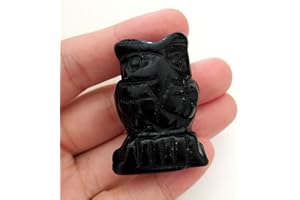 Manekieko Natural Black Obsidian Owl Crystals and Healing Stones Figures Collectibles, 40 mm Office Decoration Gemstone