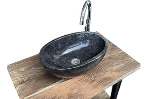 FaHome Oval Marble Washbasin (45 cm x 30 cm x 15 cm) - Polished Stone Wax Basin - Unique Countertop Sink Made of Black Marble - High-Quality Natural Stone Hand Wash Basin