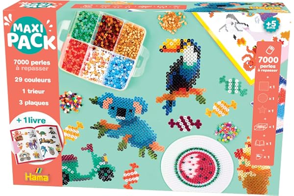 Hama – Coffret perles à repasser midi – 7000 perles 30 couleurs – 3 plaques, trieur et modèles – Loisirs créatifs enfants dès 5 ans
