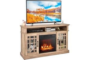 COSTWAY Electric Fireplace Insert TV Stand, Entertainment Center Console Table with Adjustable Flame, Overheat Protection Fire Heater & Remote (Natural, 18” Fireplace, for 55” TV)
