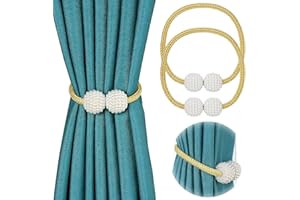Pinowu Magnetic Curtain Tiebacks for Window Décor (2 Pack) - Weave Rope Clips Drapery Pearl Holdbacks for Home Kitchen Office Window Sheer Blackout (Gold)