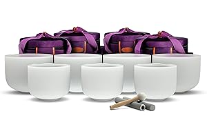 TOPFUND 432 Hz Chakra Set of 7 Crystal Singing Bowls 8-10 inch with Heavy Duty Carrying Cases and Singing Bowl Rubber Mallet and Suede Striker