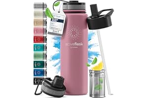 BEMAXX Gourde Inox Isotherme ACTIVE FLASK 1l/500ml sans BPA + Paille (3 Bouchons) | Bouteille d’eau Acier Inoxydable Isolée, Thermos Réutilisable | Camping Velo Sport Running Randonnée Enfant, Café The