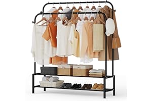 JOISCOPE Perchero Metálico gran Capacidad, Perchero Doble Varilla Perchero con Estantes 2 Postes de Ropa 2 Capa de Almacenamiento, Burros Percheros de Ropa Resistente, uno Burro Ropa 111*150.5cm Negro