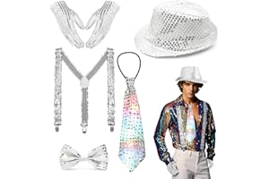 XERTEAM Lot de 6 tenues à paillettes pour homme des années 70 avec cravate LED, chapeau à paillettes, gants, bretelles, nœud papillon - Accessoires pour carnaval, fête, performance dansante, Paillettes