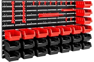 Deuba MONZANA® Tool Rack Garage | Wall Storage System | Plastic Bins Storage Kit | 43 Pcs | Tools Organiser Home Shelves Unit | Stackable Pegboard Boxes | Red & Black