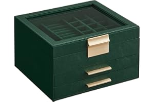 SONGMICS Boîte à Bijoux, Écrin à accessoires 3 Niveaux, Coffre de Rangement, Couvercle en Verre, 2 Tiroirs, Rangement pour Bijoux, Vert Forêt et Doré, 20,3 x 23,1 x 13,5 cm JBC239C01