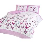 Rapport Home Butterfly Duvet Cover & 2 Pillowcases Set, Reversible, Pink | Includes 2 pillowcases. Pretty butterfly print des