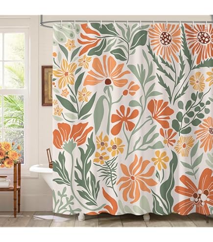 Bonhause Boho Mid Century douchegordijn bladeren roze blauw modern minimalistisch esthetische badkamer gordijn 180 x 180 cm waterdicht schimmel- en schimmelbestendig polyester badgordijn met 12 haken