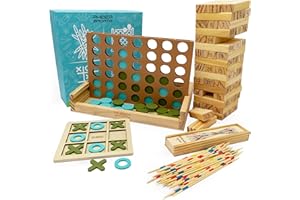 PHIBER-SPORTS Set Giochi in Legno 4-in-1: Quattro-in-Fila, Tris, Mikado & Torre Instabile – Collezione Giochi Classici – Regalo Perfetto Bambini & Adulti – Robusto, Ecologico & Senza Plastica
