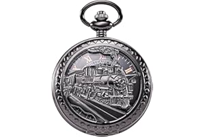 TREEWETO Antique Mens Pocket Watch Skeleton Mechanical Hollow Bronze Case 3D Steam Train Railroad Roman Numerals