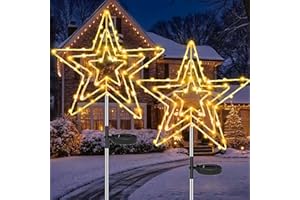 Joycome Solar Christmas Lights Outdoor 2 Pack 75 LED Star Christmas Pathway Lights, IP65 Waterproof Xmas Star Stake Light Solar Powered, 8 Modes Stake Light for Path Yard Garden Xmas Decorations