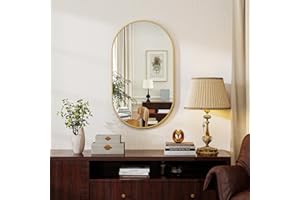 Koonmi Oval Bathroom Mirror, 30 x 60 cm Tempered Glass Wall Mounted Mirror, Bathroom Vanity Mirror without Distortion Hanging Horizontally or Vertically for Bedroom, Entryway, Living Room, Gold
